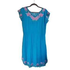 Globe Trotter Embroidered Floral Boho Blue Pink Cap Sleeve Mini Dress, Sz Medium